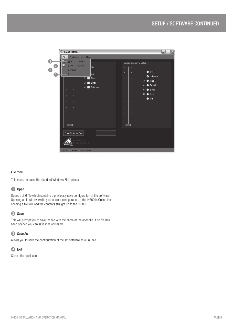 Setup / software continued | Australian Monitor IN600 User Manual | Page 9 / 16