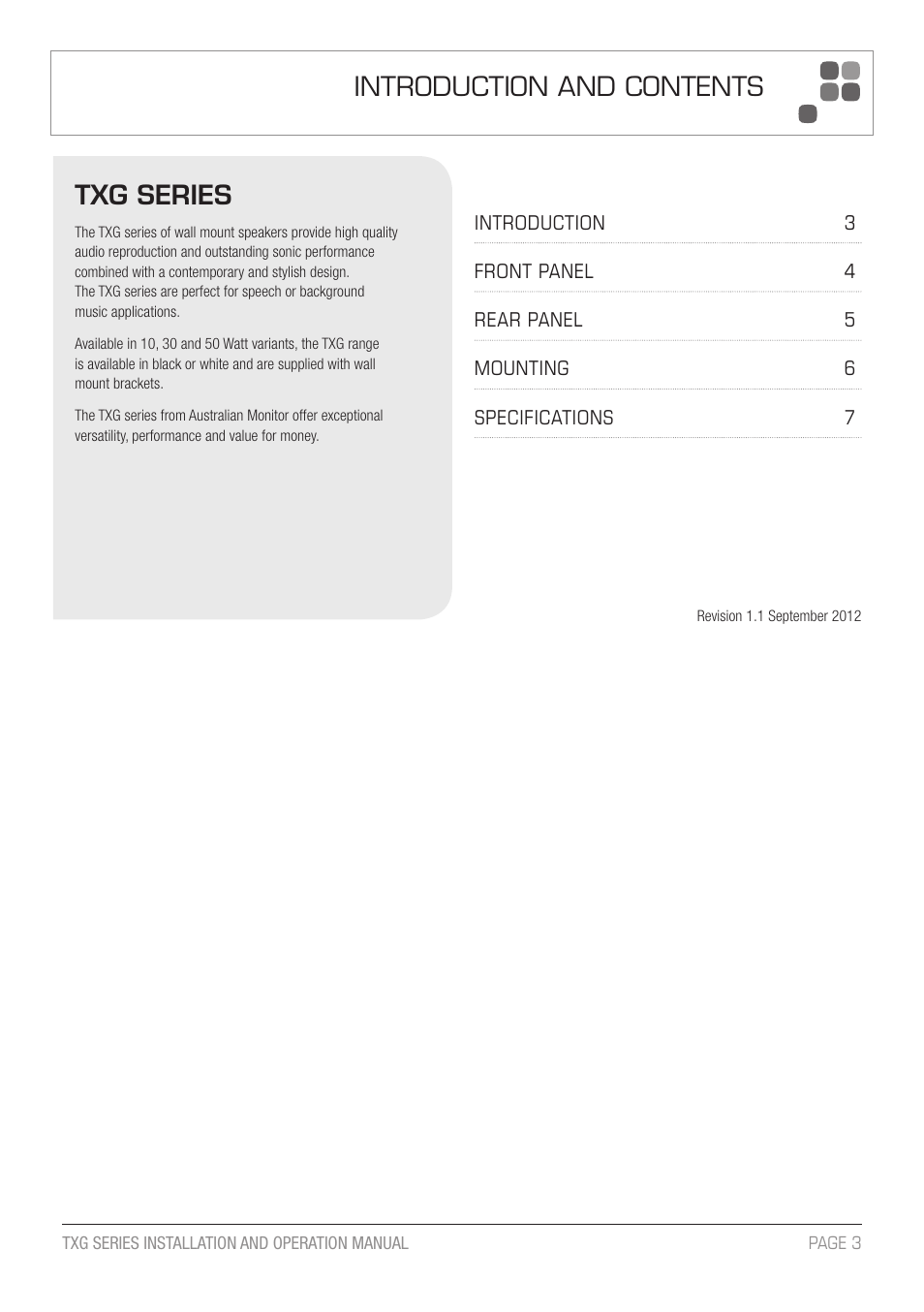 Introduction and contents, Txg series | Australian Monitor TXG 50 Speaker User Manual | Page 3 / 8