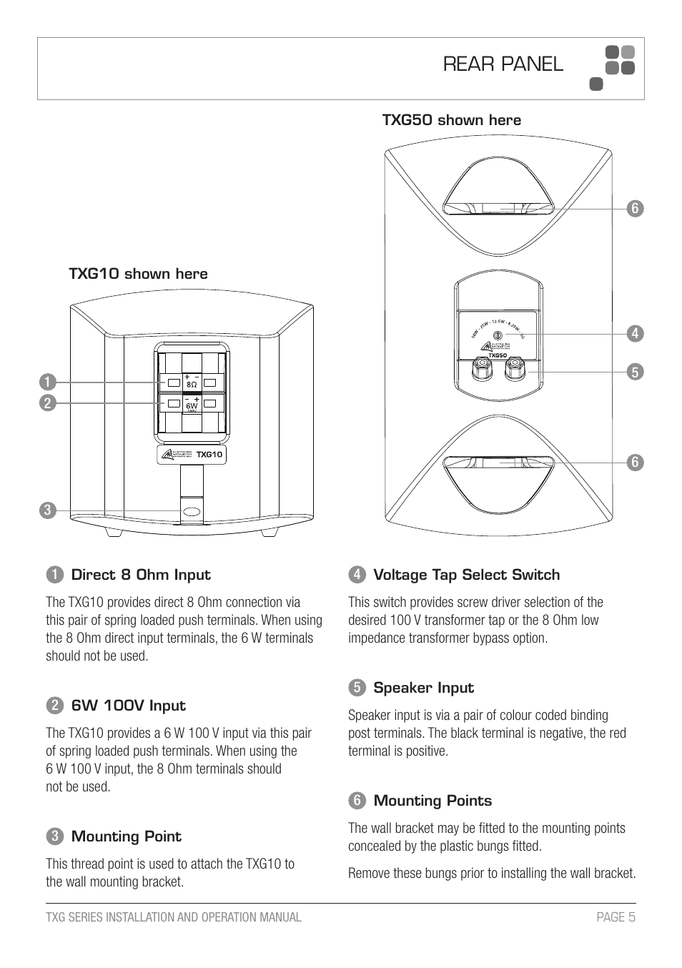 Rear panel | Australian Monitor TXG 50 Speaker User Manual | Page 5 / 8