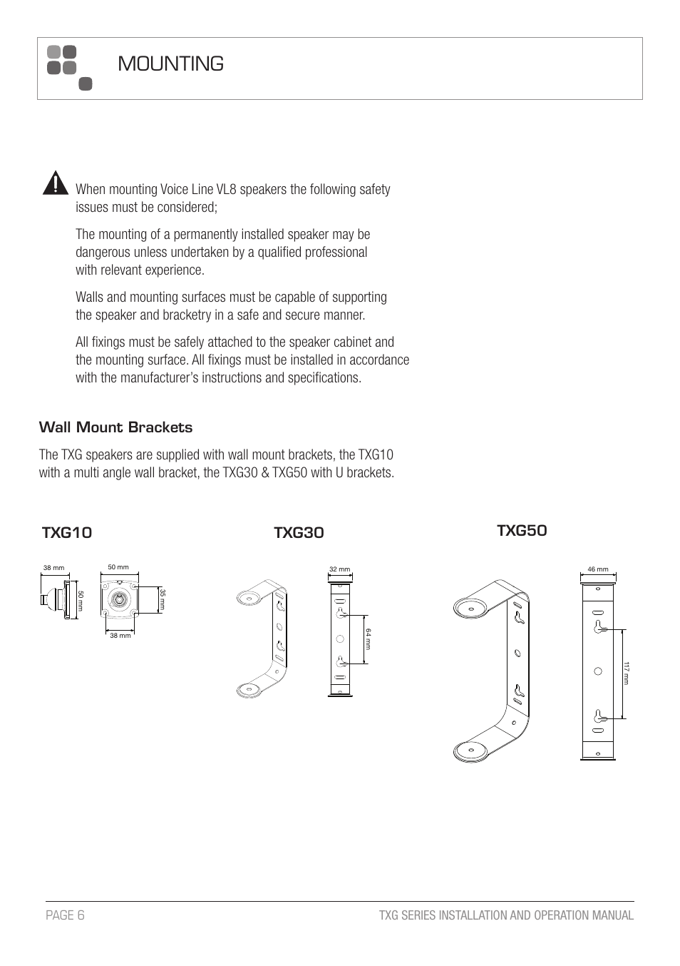 Mounting | Australian Monitor TXG 50 Speaker User Manual | Page 6 / 8