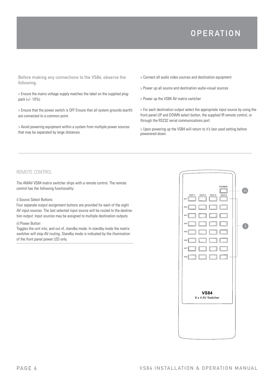 Pa g e 6, Remote control, Ii i | Australian Monitor VS84 User Manual | Page 6 / 8