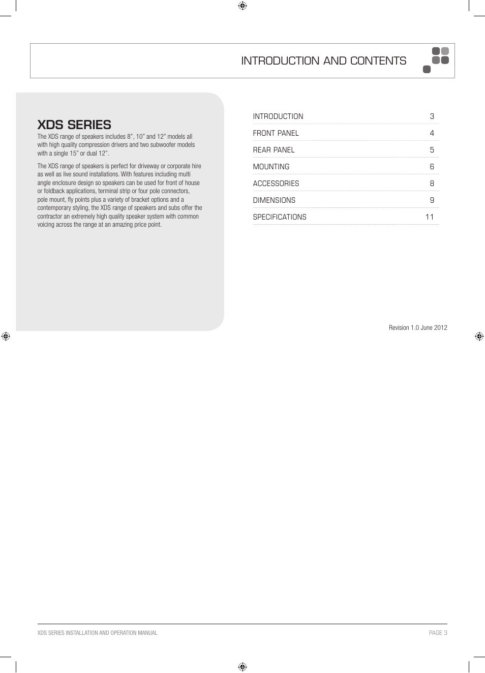 Xds series, Introduction and contents | Australian Monitor XDS Series User Manual | Page 3 / 12