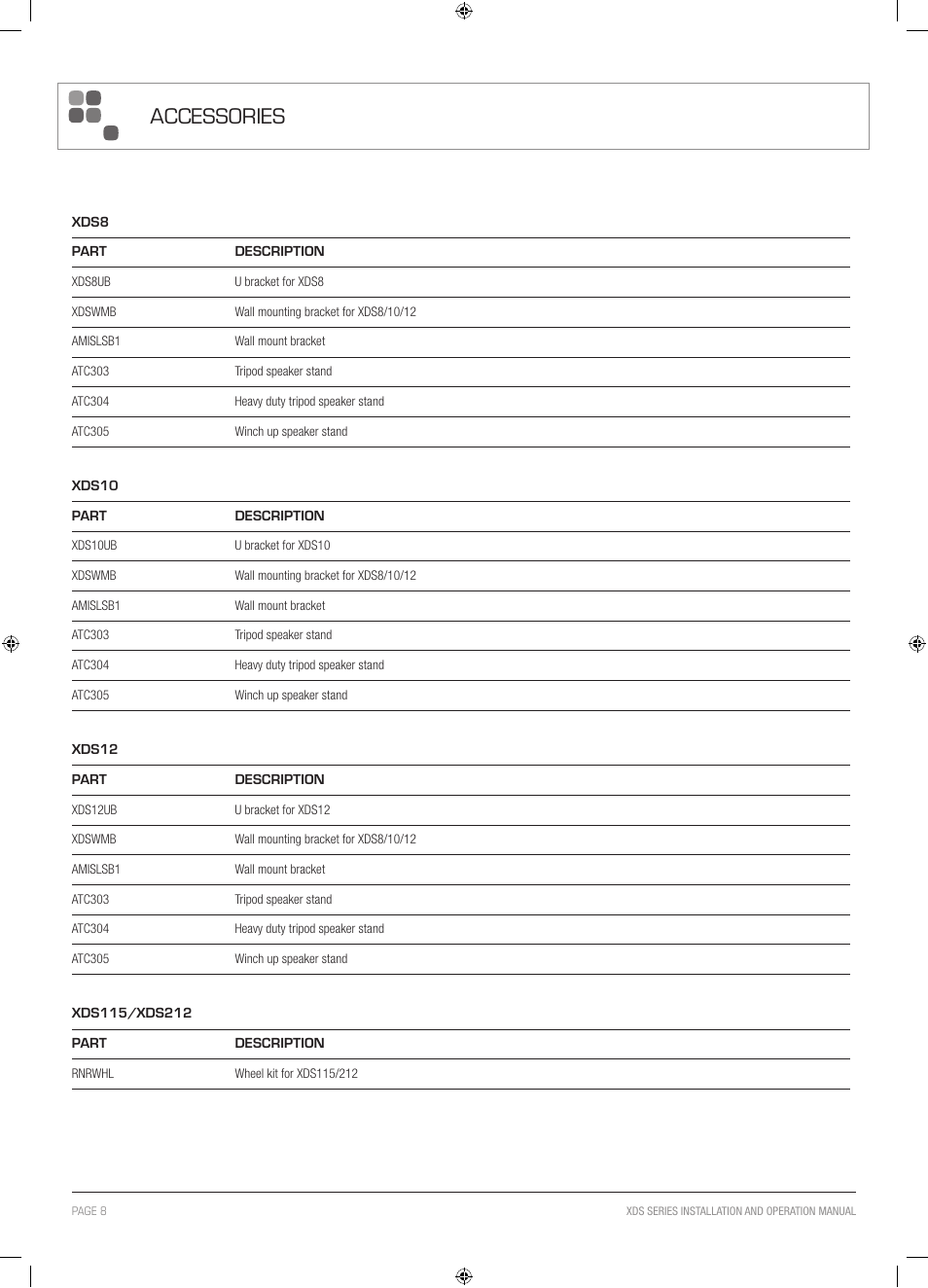 Accessories | Australian Monitor XDS Series User Manual | Page 8 / 12