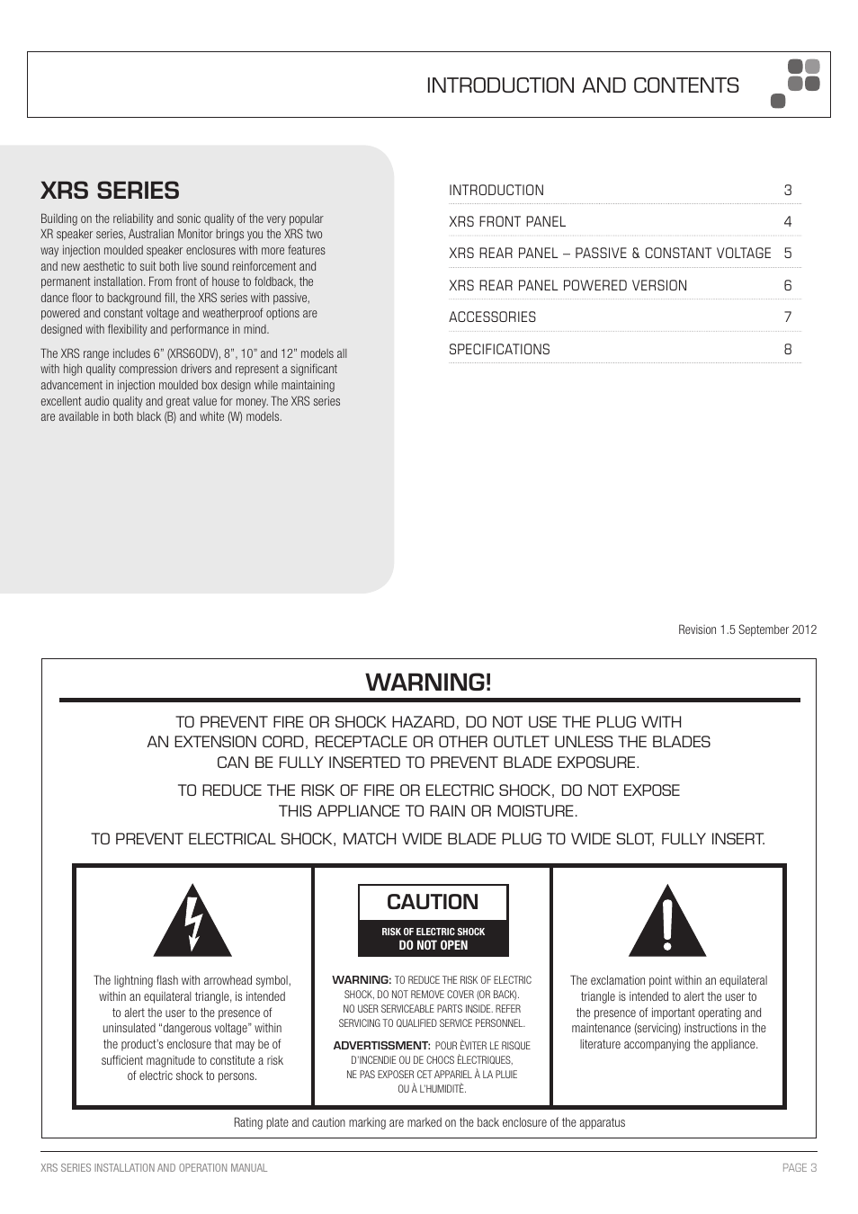 Xrs series, Warning, Caution | Introduction and contents | Australian Monitor XRS Manual User Manual | Page 3 / 12