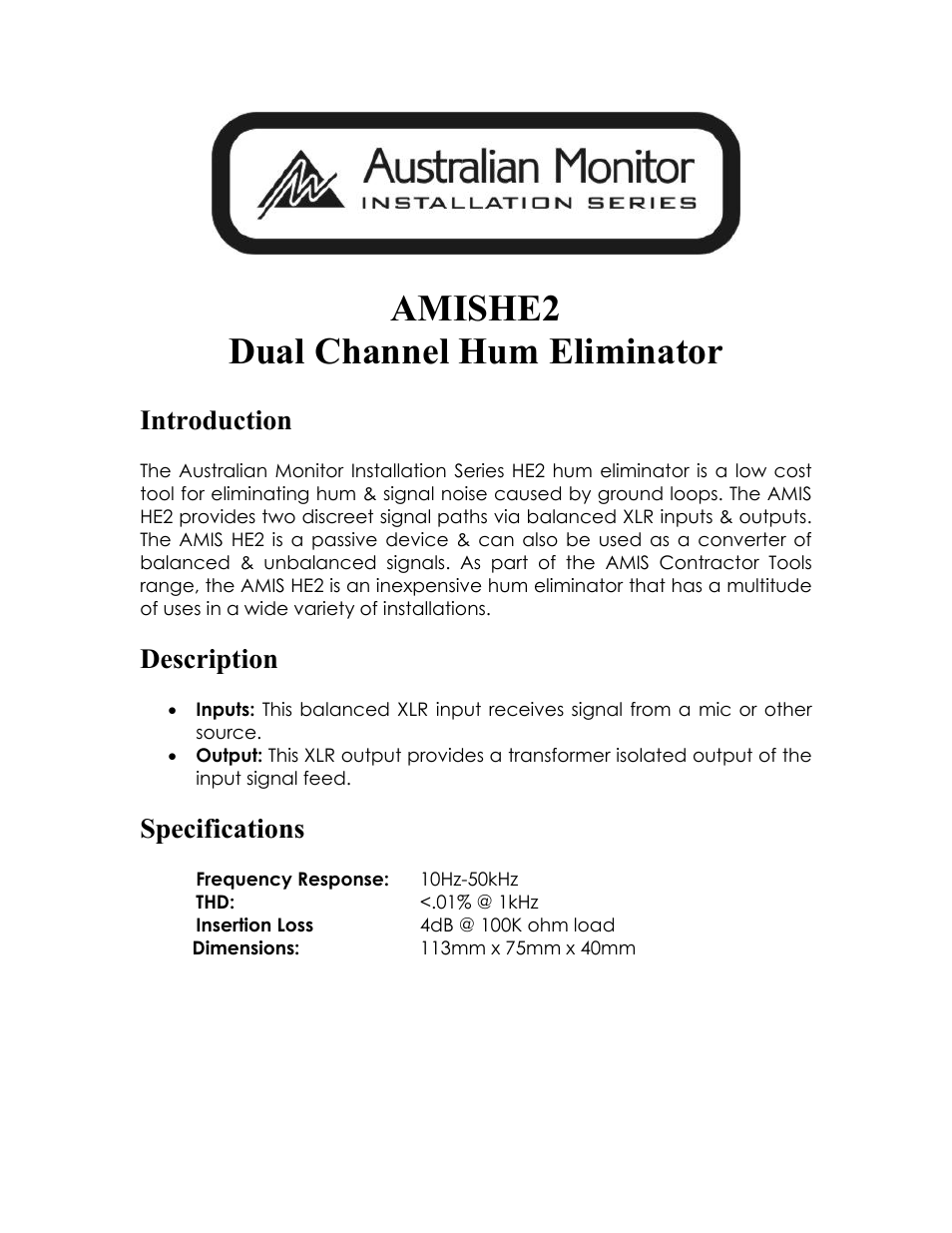 Australian Monitor AMISHE2 User Manual | 2 pages