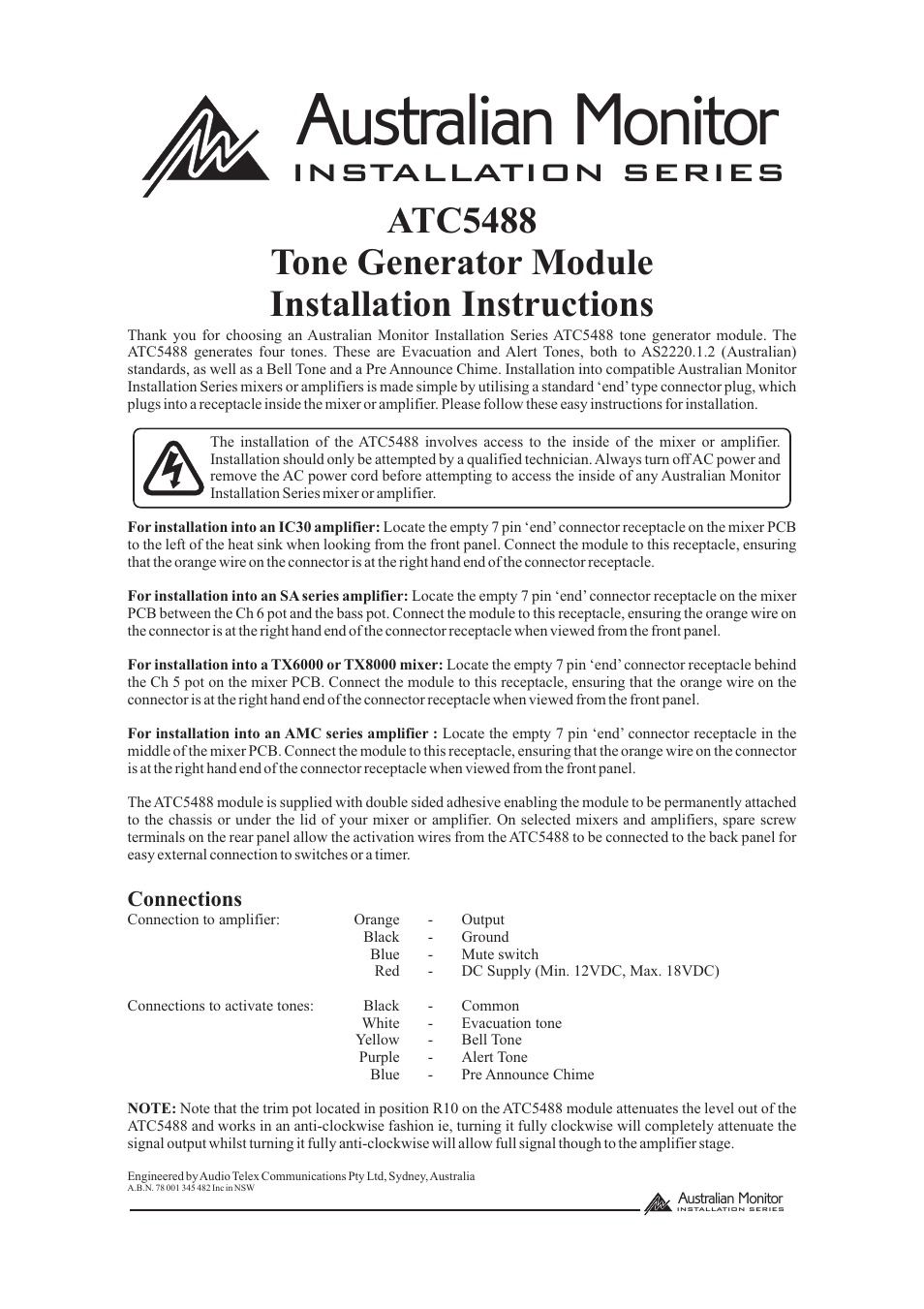 Australian Monitor Audio Telex ATC5488 User Manual | 2 pages