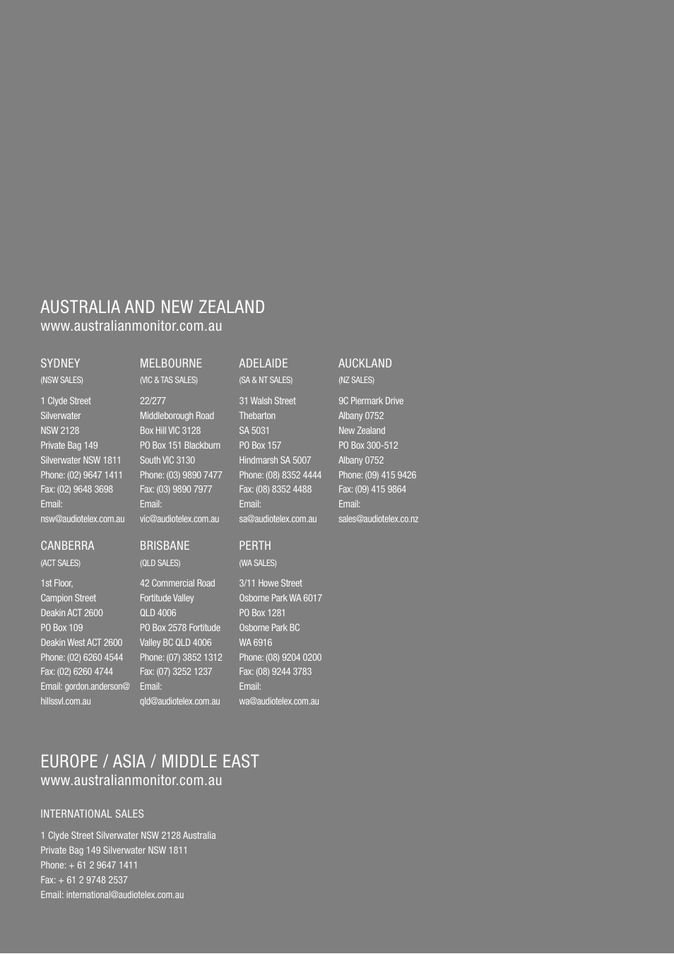 Australia and new zealand, Europe / asia / middle east | Australian Monitor IN400 User Manual | Page 12 / 12