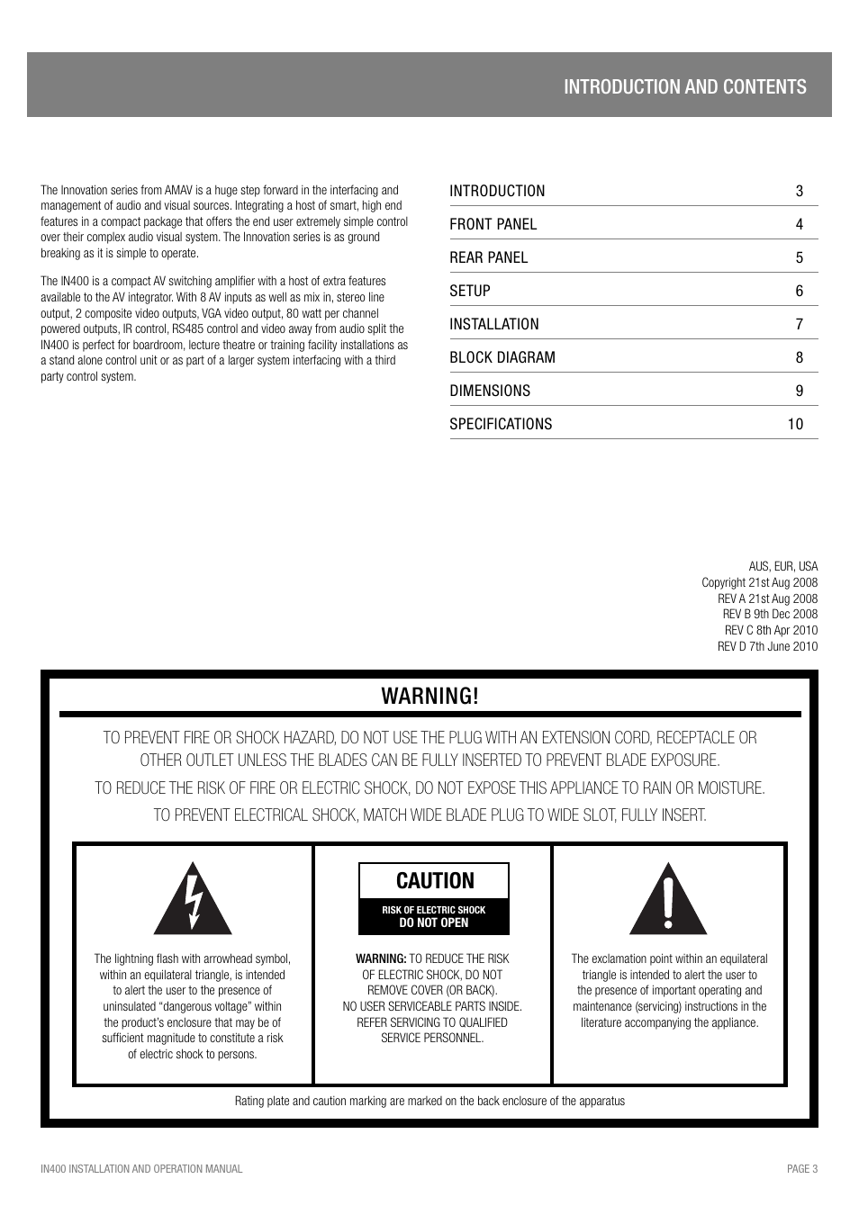 Warning, Caution, Introduction and contents | Australian Monitor IN400 User Manual | Page 3 / 12
