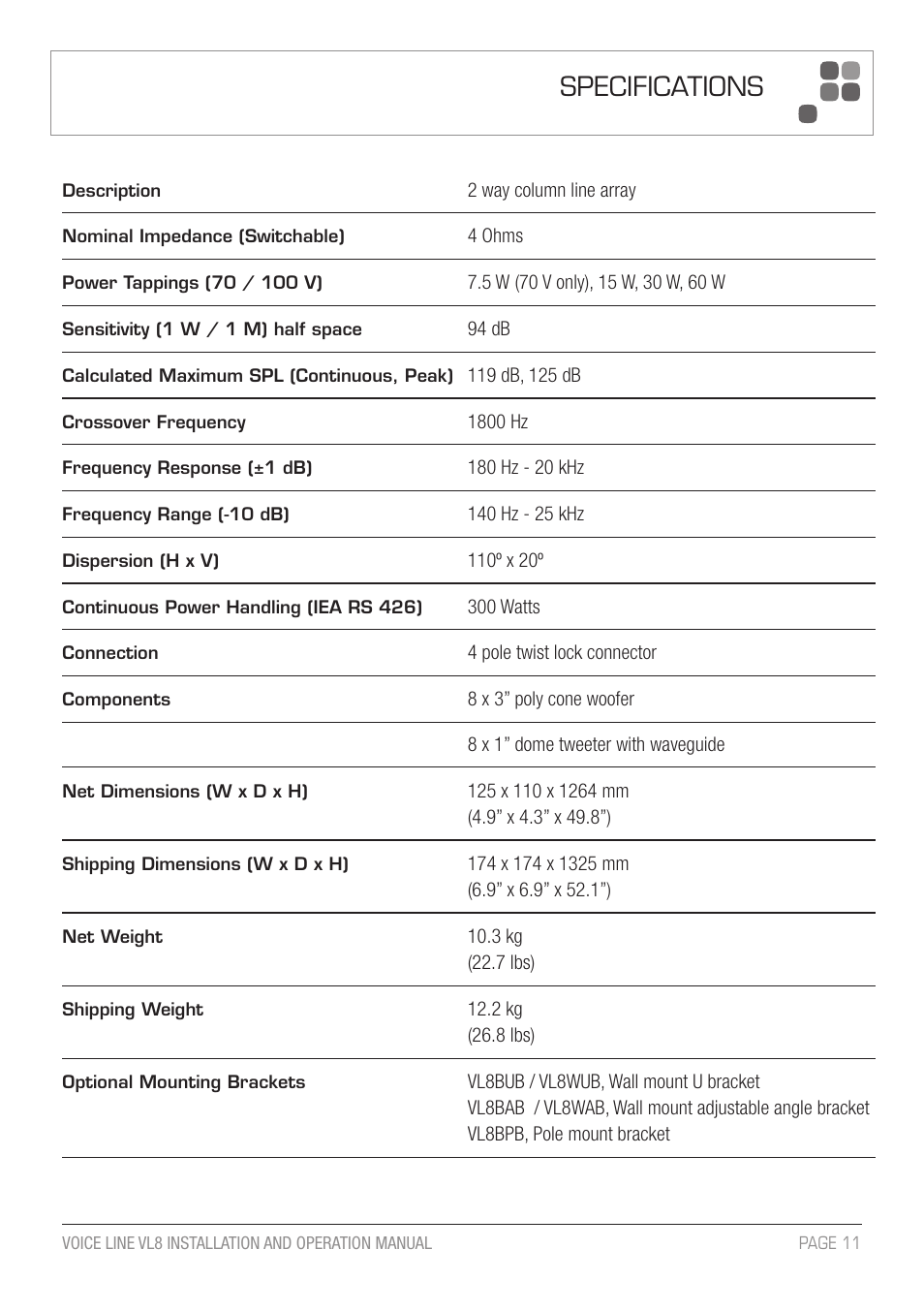 Specifications | Australian Monitor VL8 A5 User Manual | Page 11 / 12