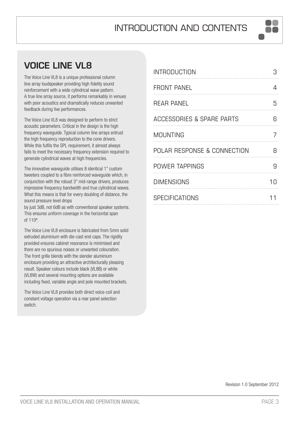 Introduction and contents, Voice line vl8 | Australian Monitor VL8 A5 User Manual | Page 3 / 12