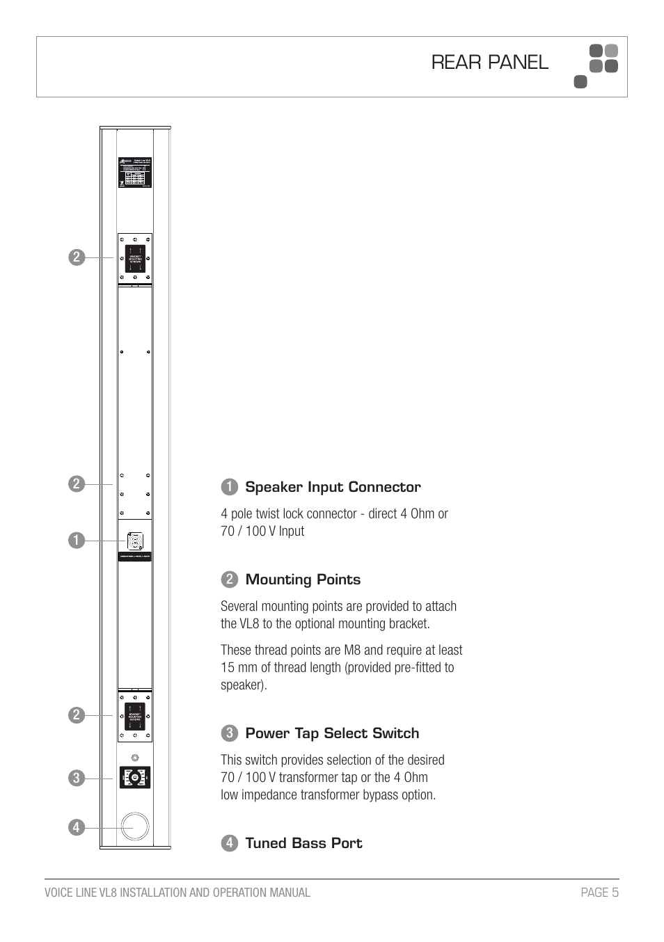 Rear panel | Australian Monitor VL8 A5 User Manual | Page 5 / 12