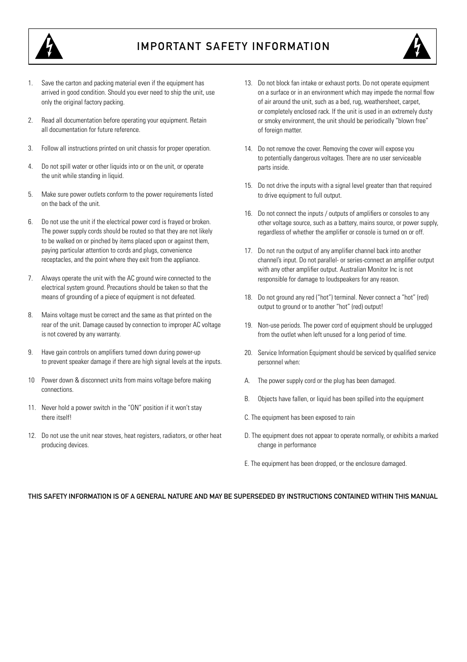 Important safety information | Australian Monitor MX82 User Manual | Page 2 / 12