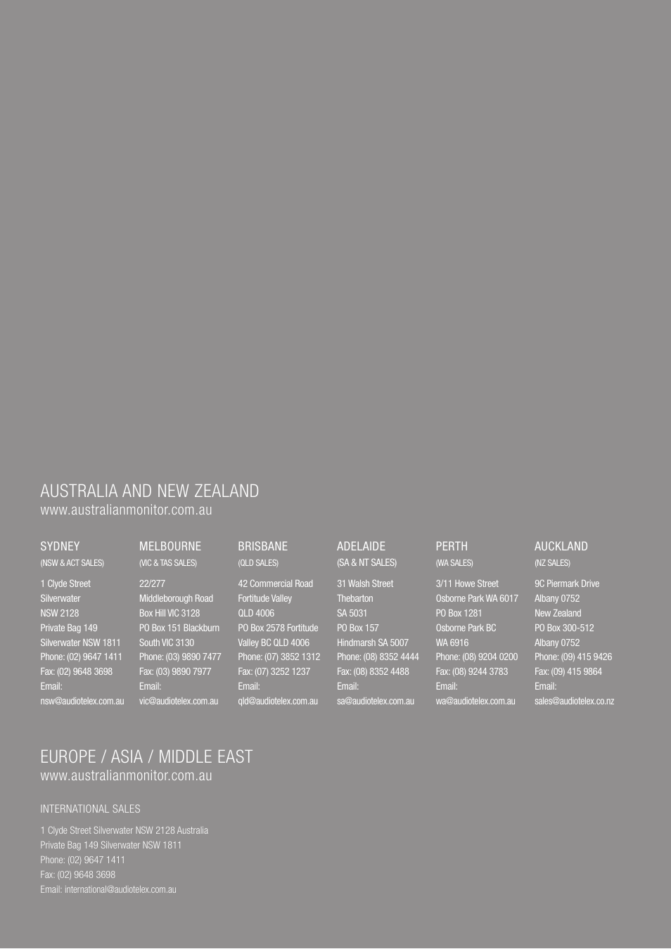 Australia and new zealand, Europe / asia / middle east | Australian Monitor MX883 User Manual | Page 12 / 12