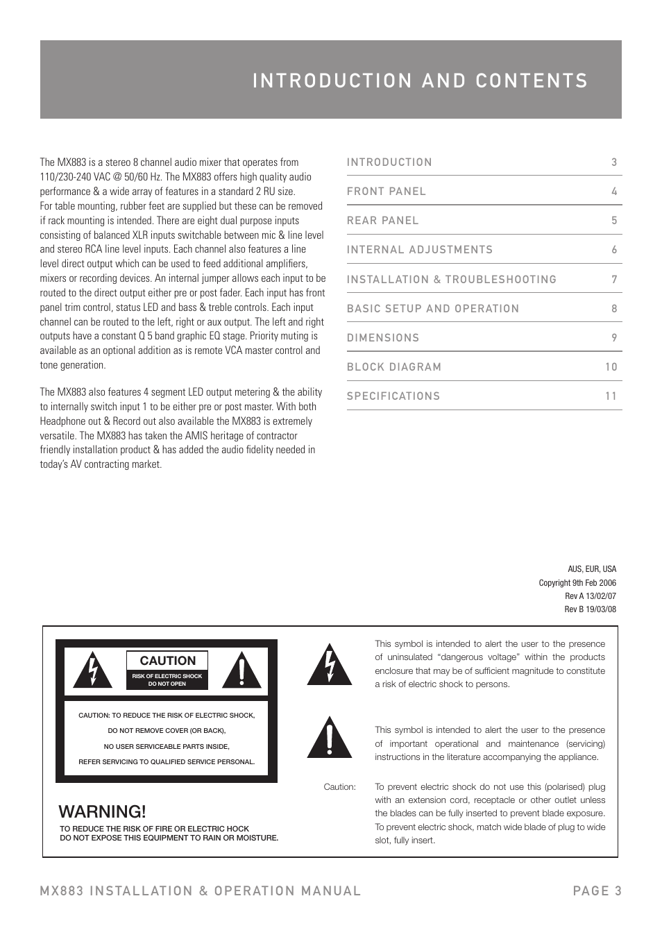 Warning | Australian Monitor MX883 User Manual | Page 3 / 12