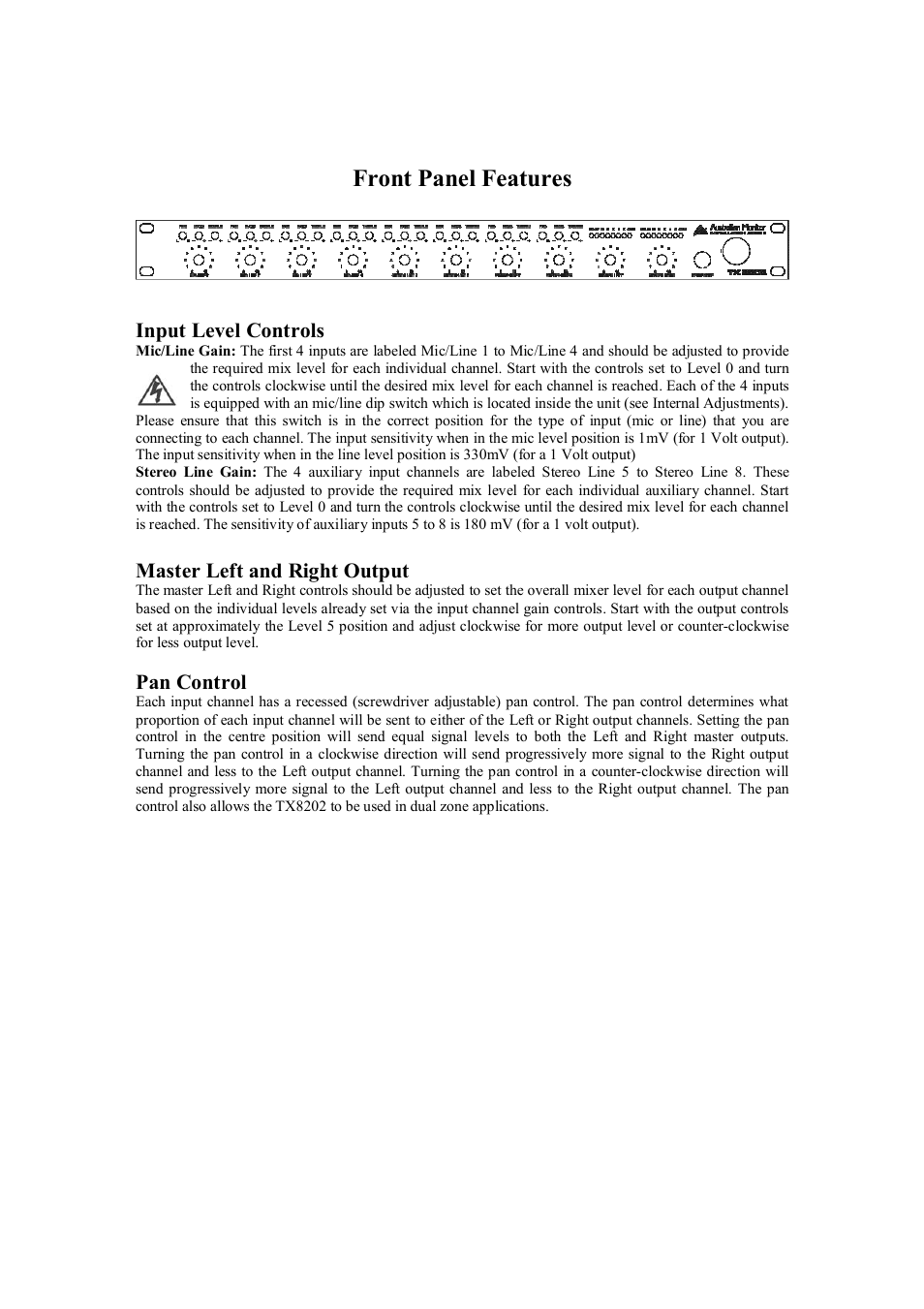 Front panel features | Australian Monitor TX8202 User Manual | Page 2 / 10