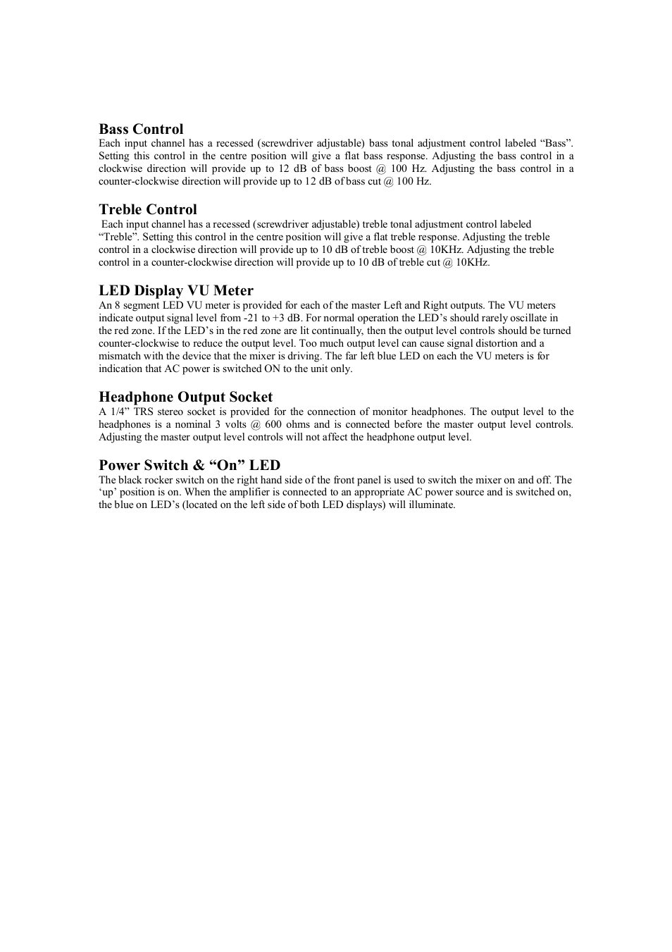 Bass control, Treble control, Led display vu meter | Headphone output socket, Power switch & “on” led | Australian Monitor TX8202 User Manual | Page 3 / 10