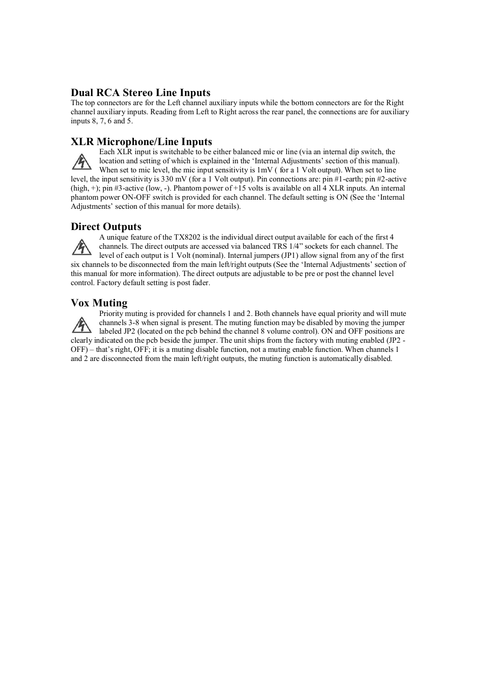 Dual rca stereo line inputs, Xlr microphone/line inputs, Direct outputs | Vox muting | Australian Monitor TX8202 User Manual | Page 5 / 10