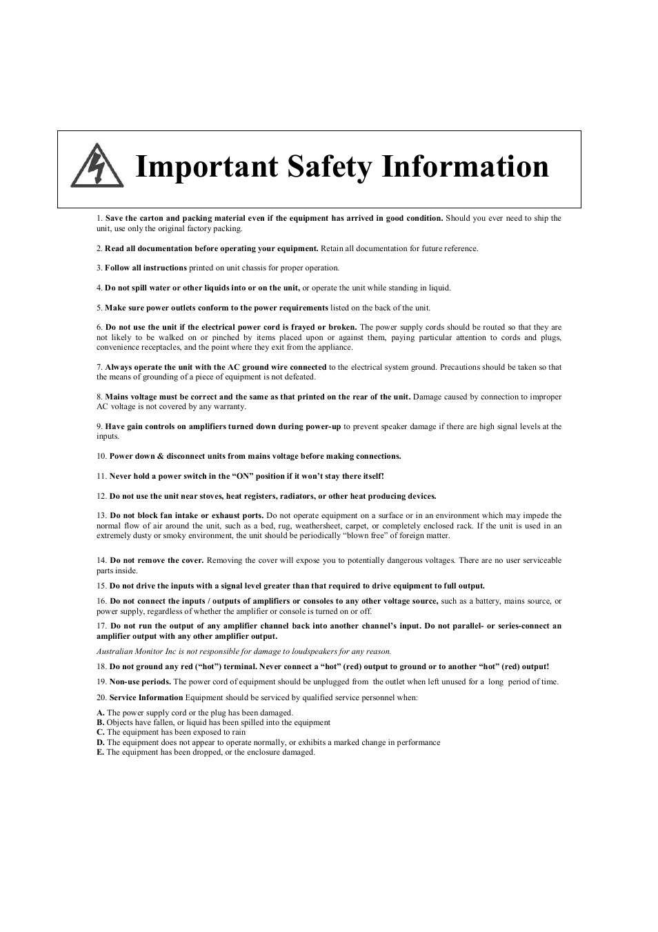 Important safety information | Australian Monitor TX8202 User Manual | Page 9 / 10