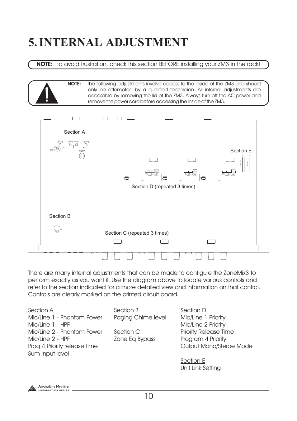 Internal adjustment, Australian monitor | Australian Monitor Zone Mix 3 User Manual | Page 10 / 24