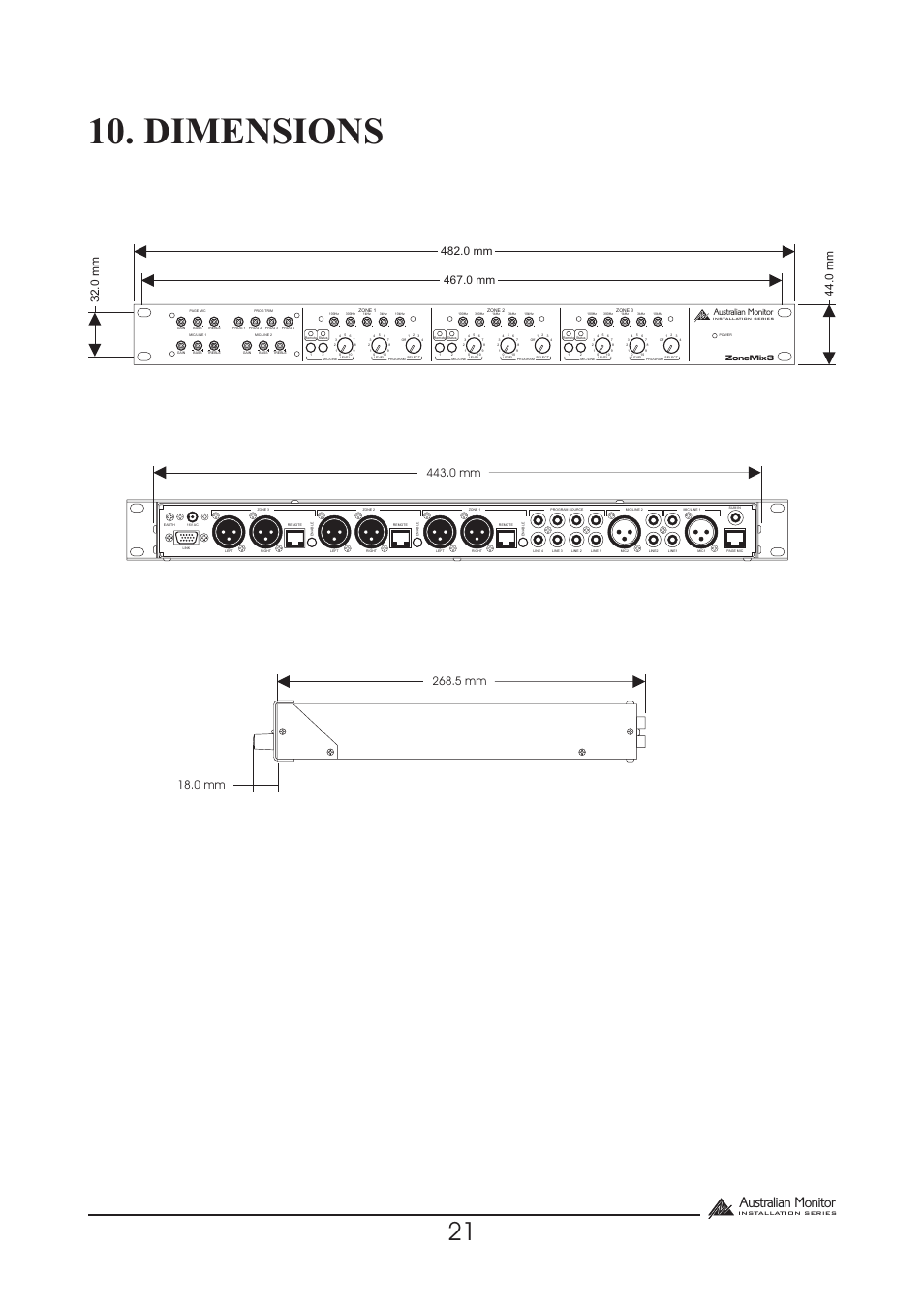 Dimensions, Australian monitor, Zonemix3 | Australian Monitor Zone Mix 3 User Manual | Page 21 / 24