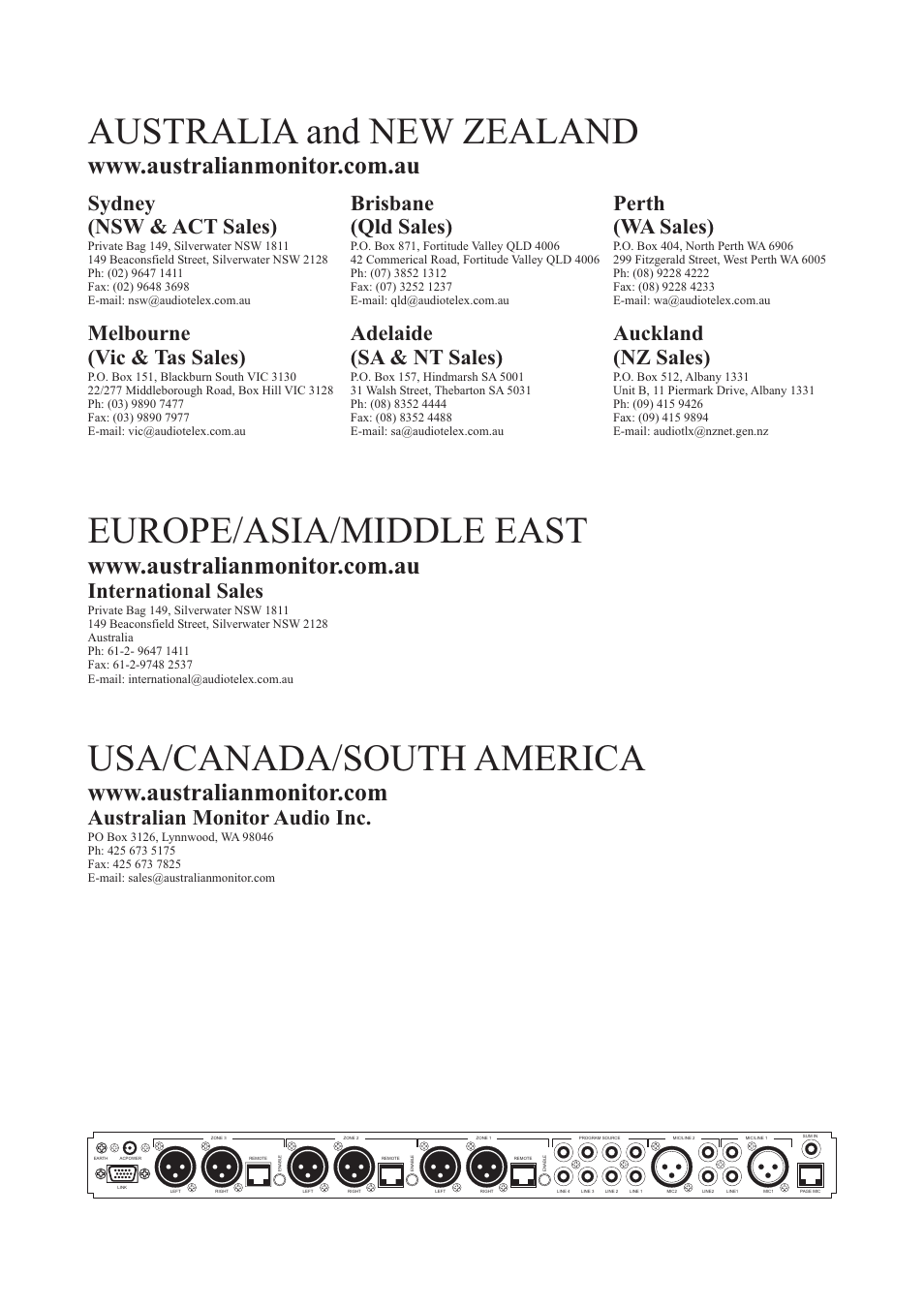 Australia and new zealand, Europe/asia/middle east, Usa/canada/south america | International sales, Australian monitor audio inc | Australian Monitor Zone Mix 3 User Manual | Page 24 / 24