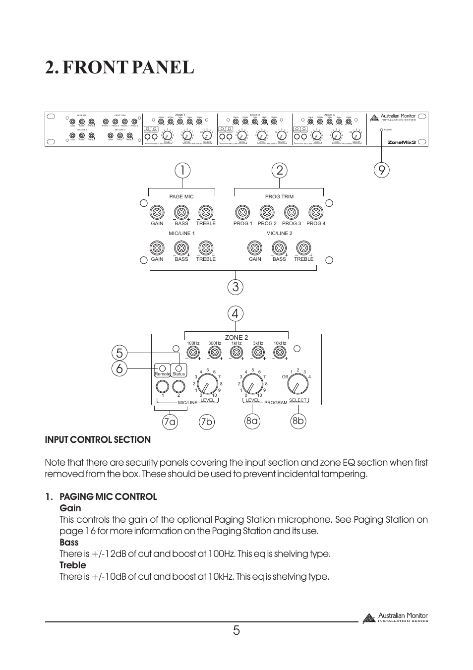 Front panel, 7a 8b 8a, Australian monitor | Zone 2, Treble | Australian Monitor Zone Mix 3 User Manual | Page 5 / 24