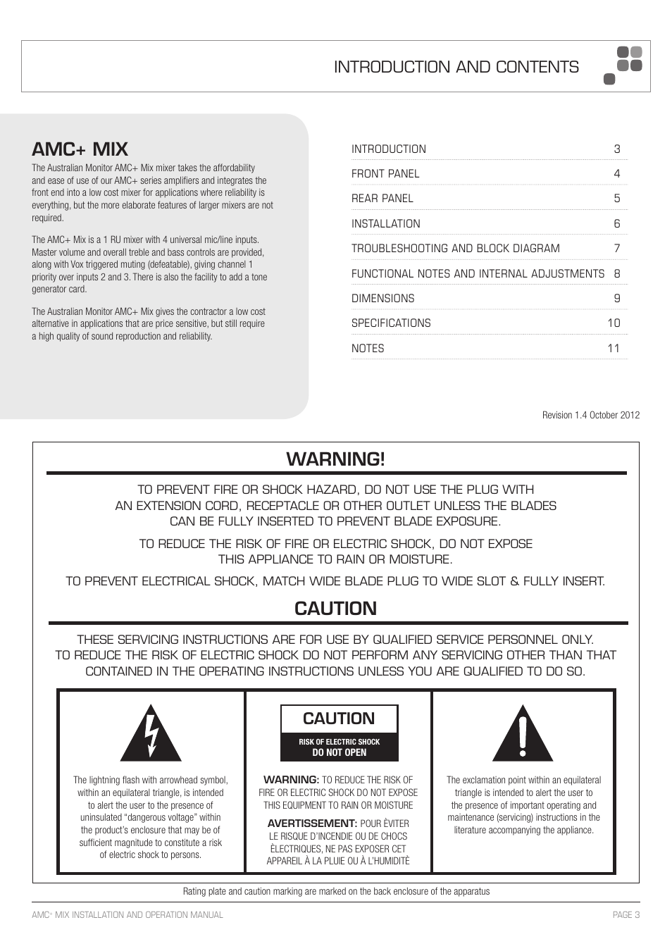 Amc+ mix, Warning, Caution | Introduction and contents | Australian Monitor AMC+MIX User Manual | Page 3 / 12