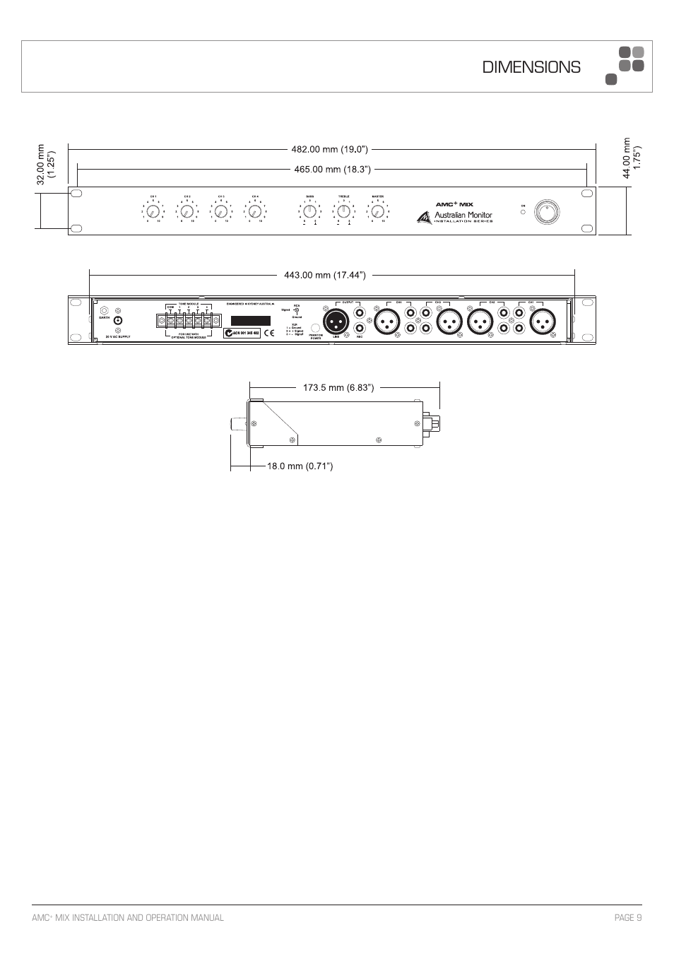 Dimensions | Australian Monitor AMC+MIX User Manual | Page 9 / 12