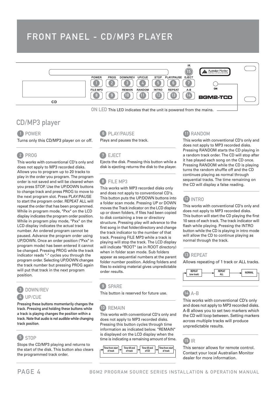 Cd/mp3 player, Pag e 4 | Australian Monitor BGM2TCD User Manual | Page 4 / 8