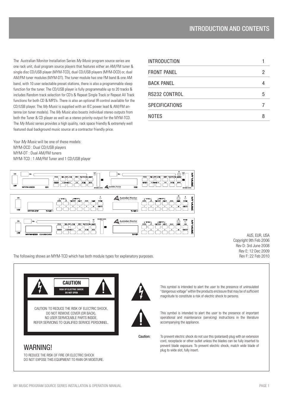 Warning, Introduction and contents | Australian Monitor My Music User Manual | Page 3 / 12