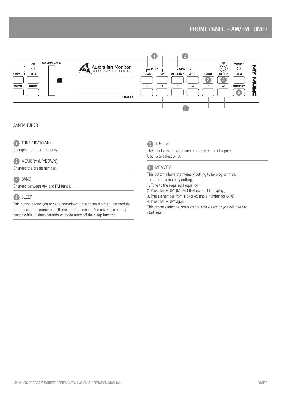 Specifications front panel – am/fm tuner | Australian Monitor My Music User Manual | Page 5 / 12