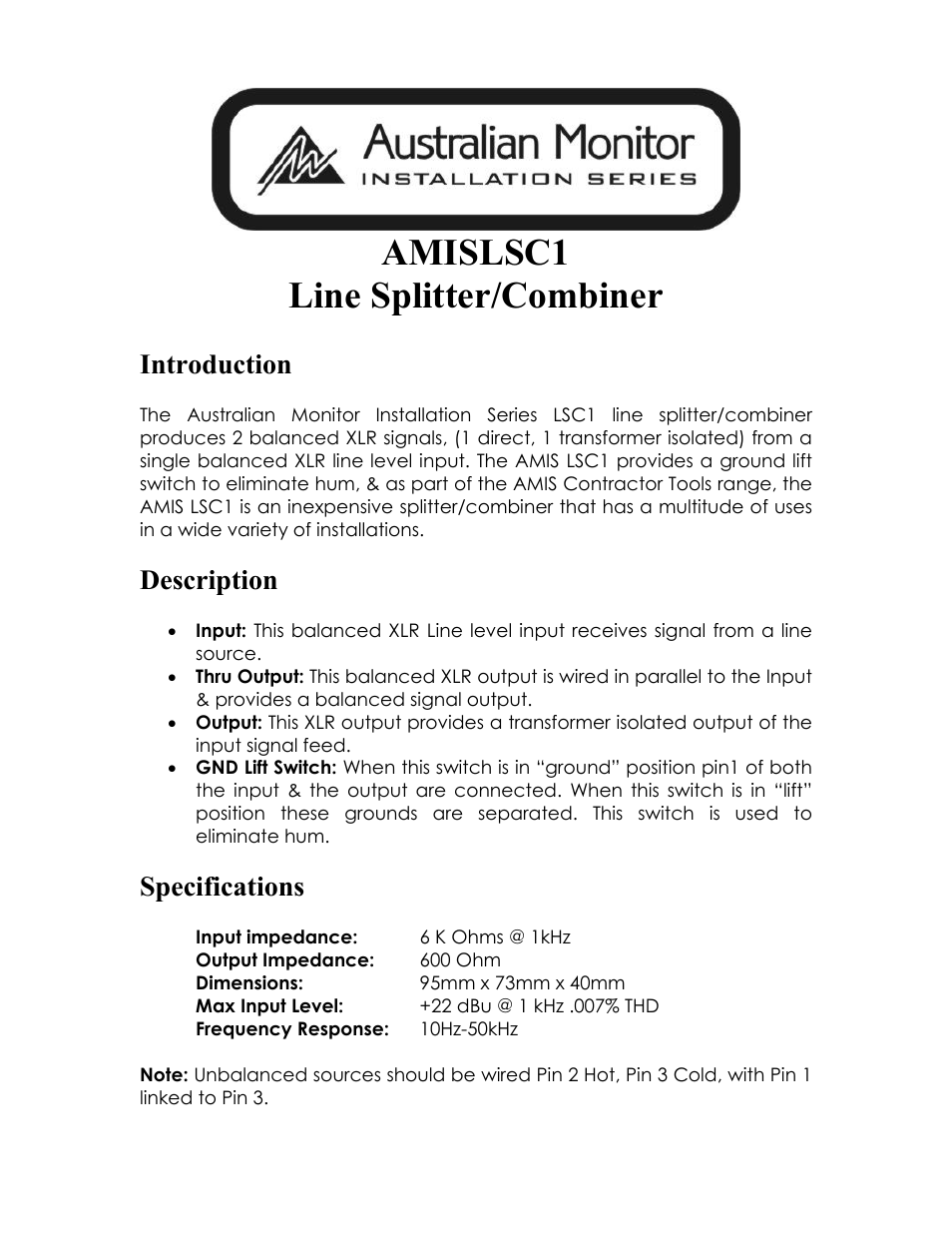 Australian Monitor AMISLSC1 User Manual | 2 pages