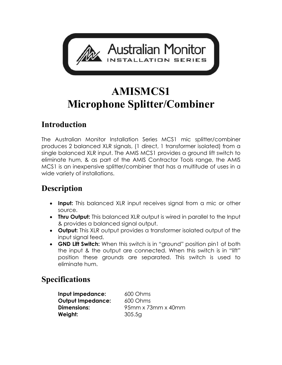 Australian Monitor AMISMSC1 User Manual | 2 pages