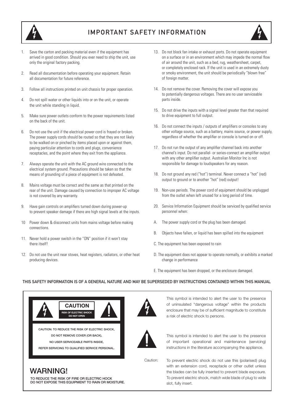 Warning | Australian Monitor DMA1 User Manual | Page 2 / 44