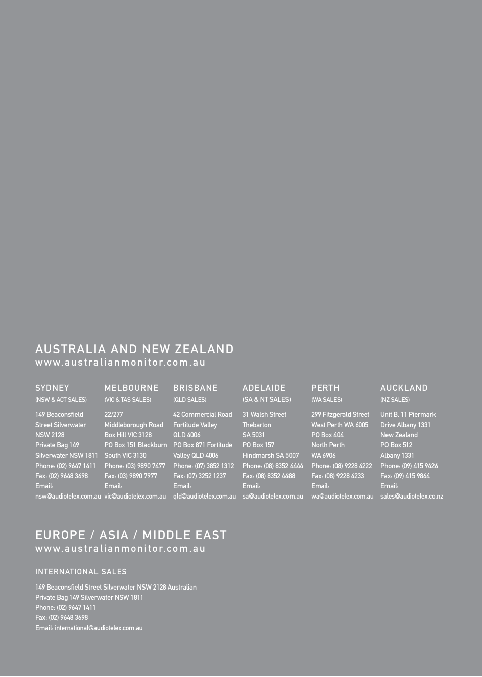 Australia and new zealand, Europe / asia / middle east | Australian Monitor DMA1 User Manual | Page 44 / 44