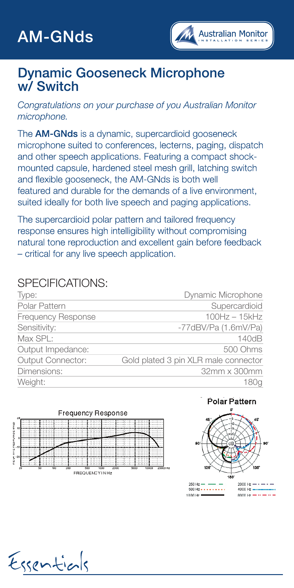 Specifications | Australian Monitor Essentials Microphone User Manual | Page 3 / 8
