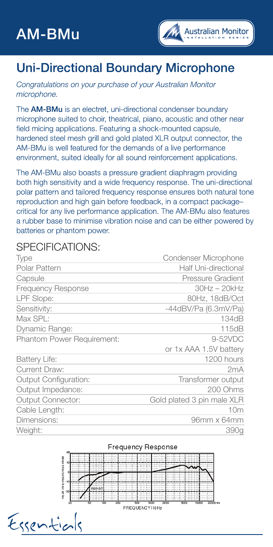 Specifications | Australian Monitor Essentials Microphone User Manual | Page 4 / 8