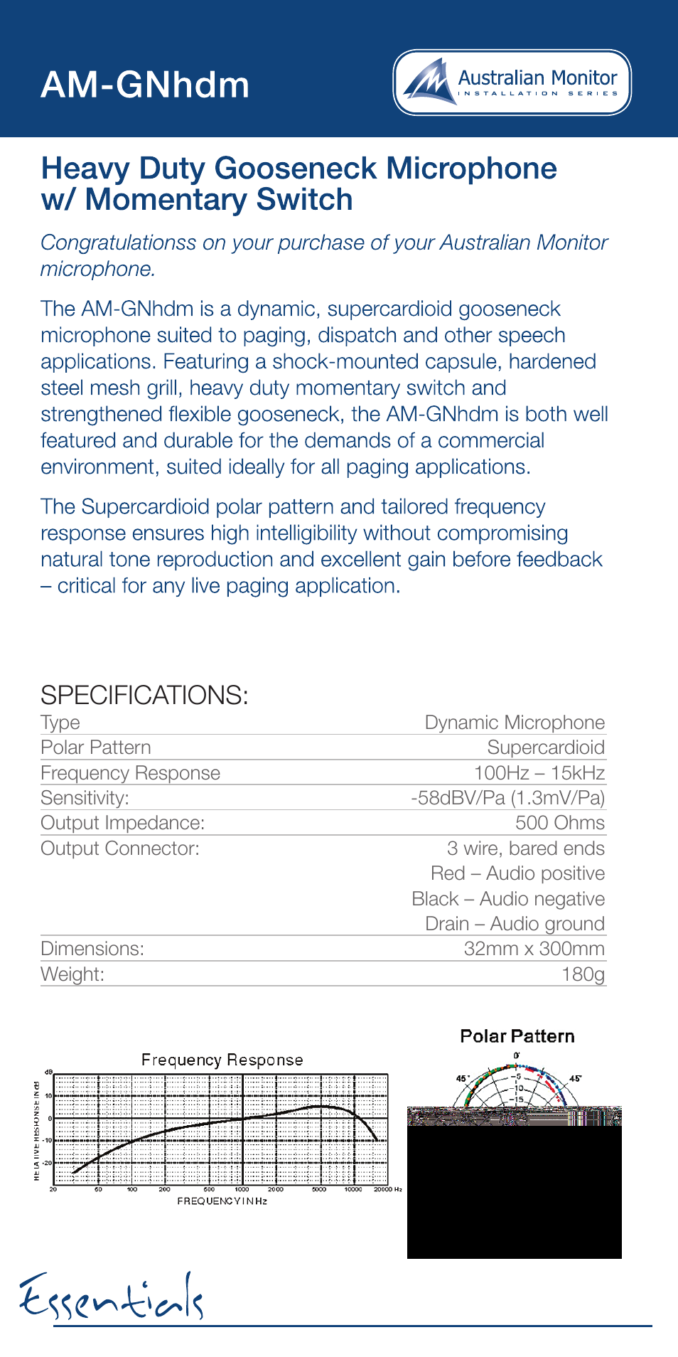 Specifications | Australian Monitor Essentials Microphone User Manual | Page 5 / 8