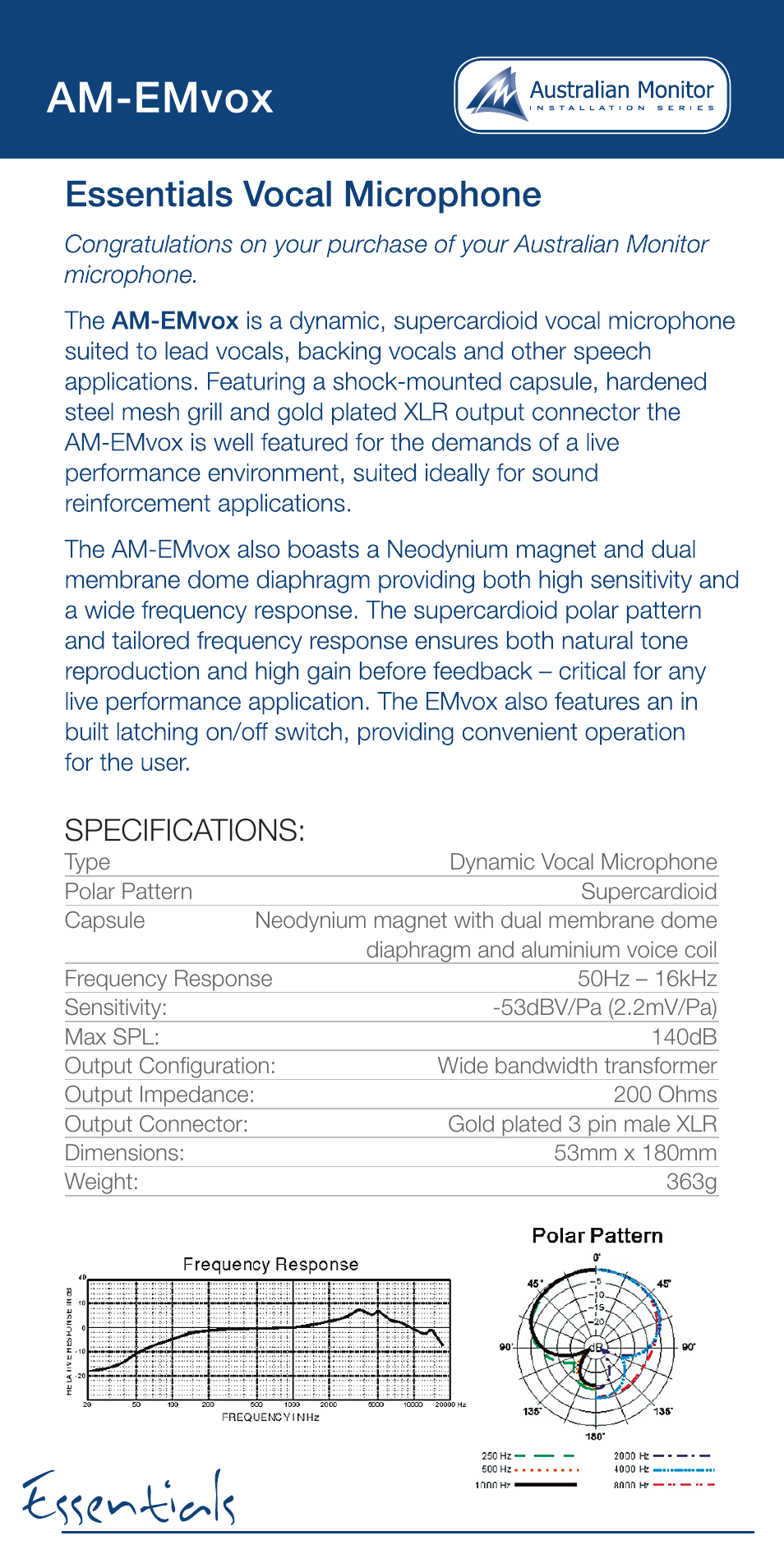 Specifications | Australian Monitor Essentials Microphone User Manual | Page 6 / 8
