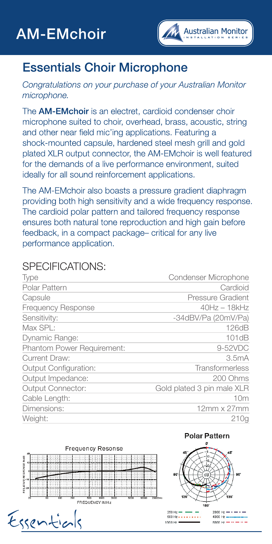 Specifications | Australian Monitor Essentials Microphone User Manual | Page 7 / 8