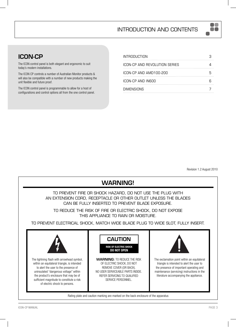 Icon-cp, Warning, Caution | Introduction and contents | Australian Monitor ICON CP User Manual | Page 3 / 8