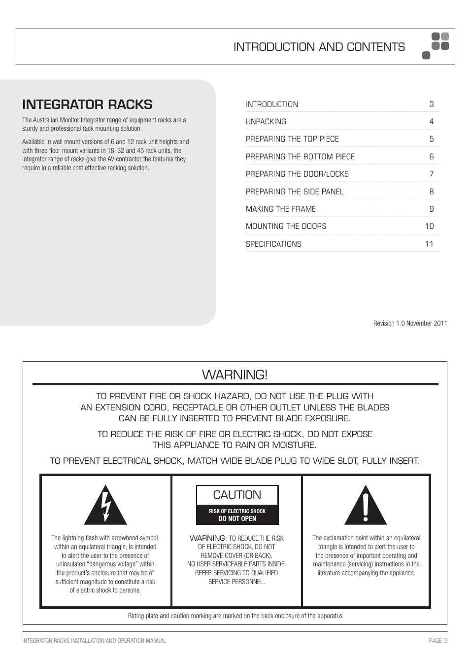 Integrator racks, Warning, Caution | Introduction and contents | Australian Monitor Integrator Rack User Manual | Page 3 / 12