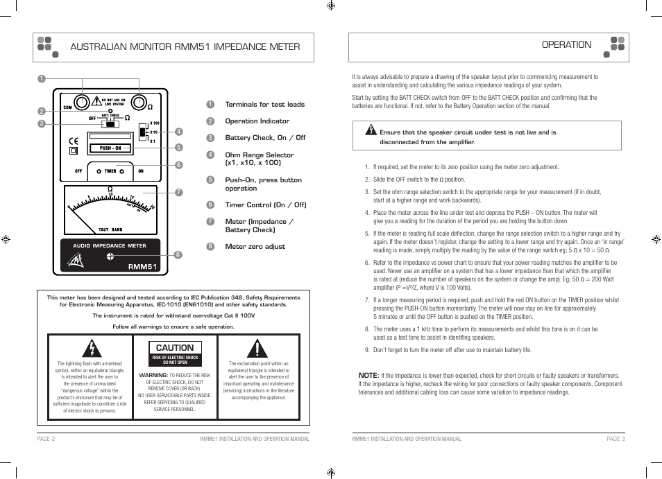 Operation australian monitor rmm51 impedance meter | Australian Monitor RMM51 Impedance User Manual | Page 2 / 2