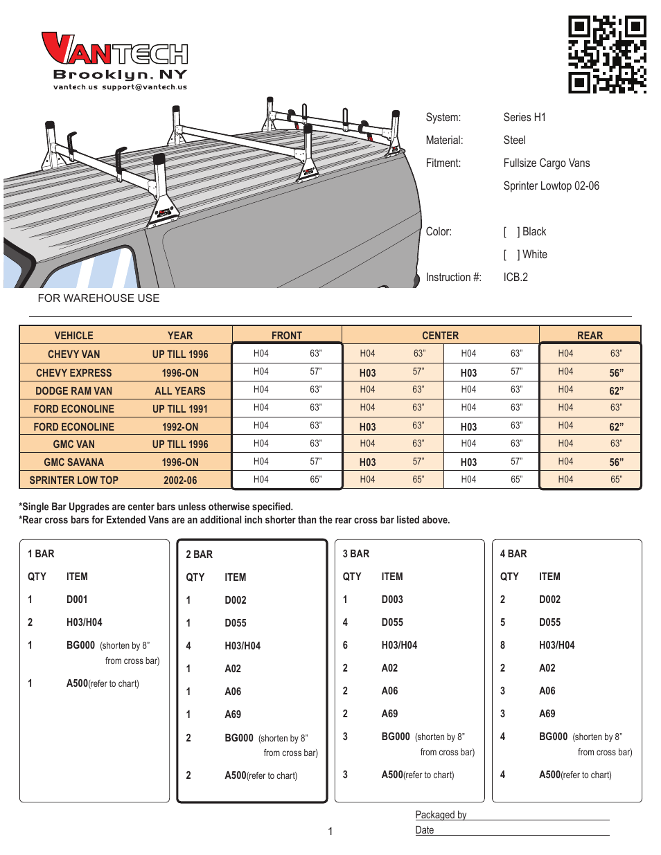 Vantech H1 Rack 2 Bar System for a GMC Savana 1996-On User Manual | 7 pages