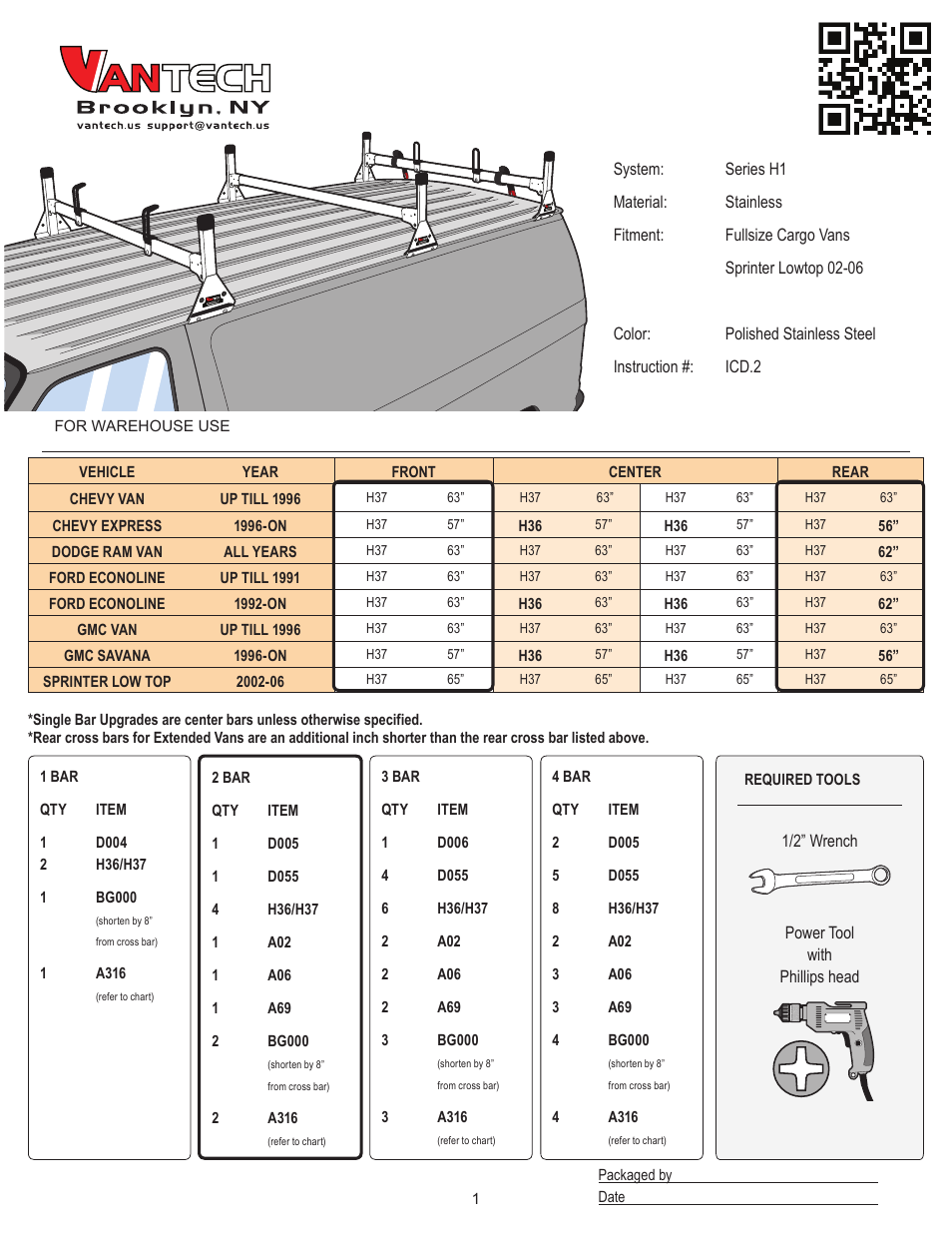Vantech H1 Rack 2 Bar System for a Chevy Express 1996-On User Manual | 7 pages