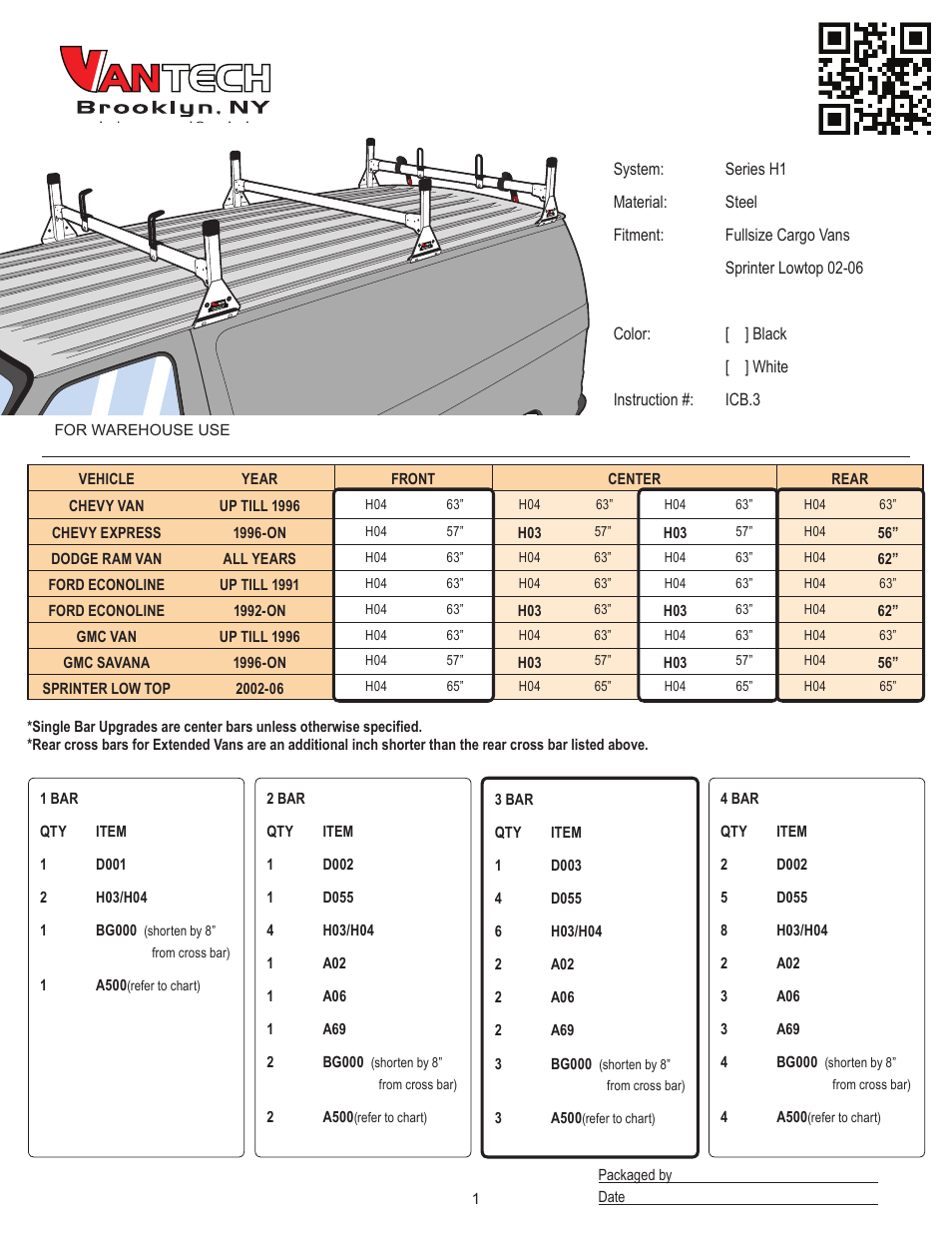 Vantech H1 Rack 3 Bar System for a GMC Savana 1996-On User Manual | 7 pages