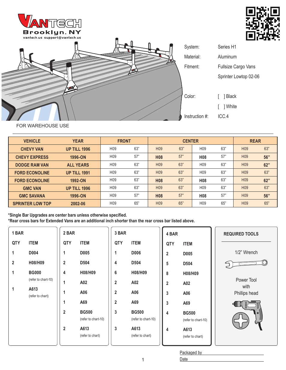 Vantech H1 Rack 4 Bar System for a GMC Savana 1996-On User Manual | 7 pages