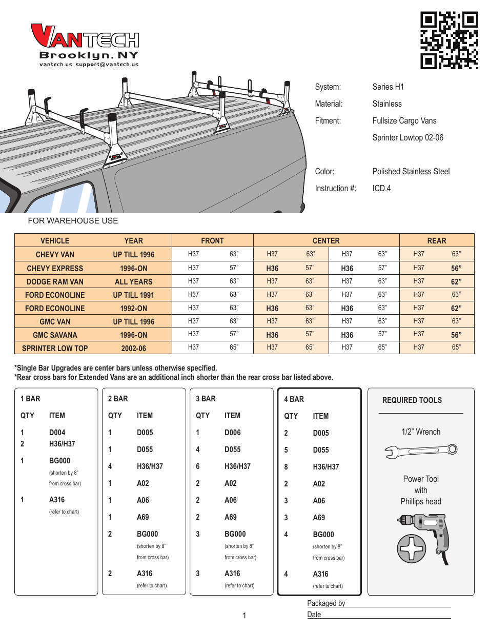 Vantech H1 Rack 4 Bar System for a GMC Savana 1996-On User Manual | 7 pages