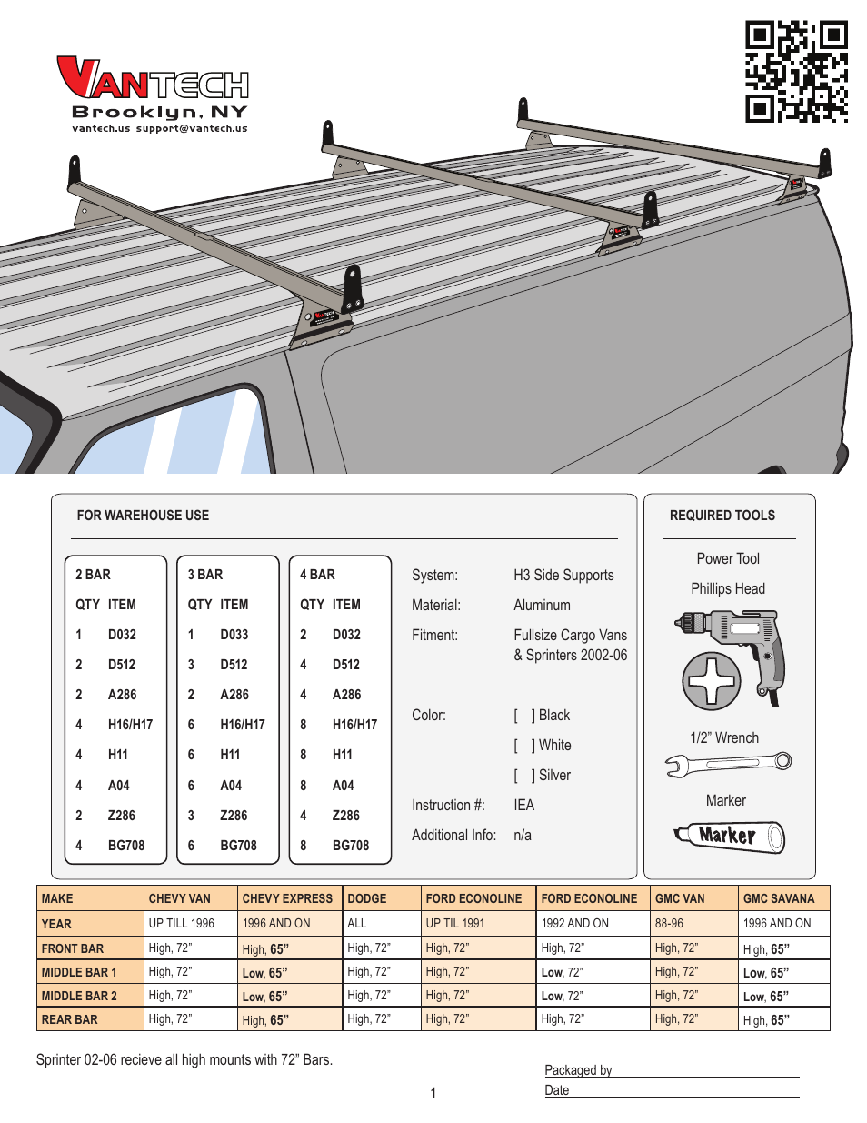 Vantech H3 Rack 4 Bar System for a GMC Savana 1996-On User Manual | 8 pages
