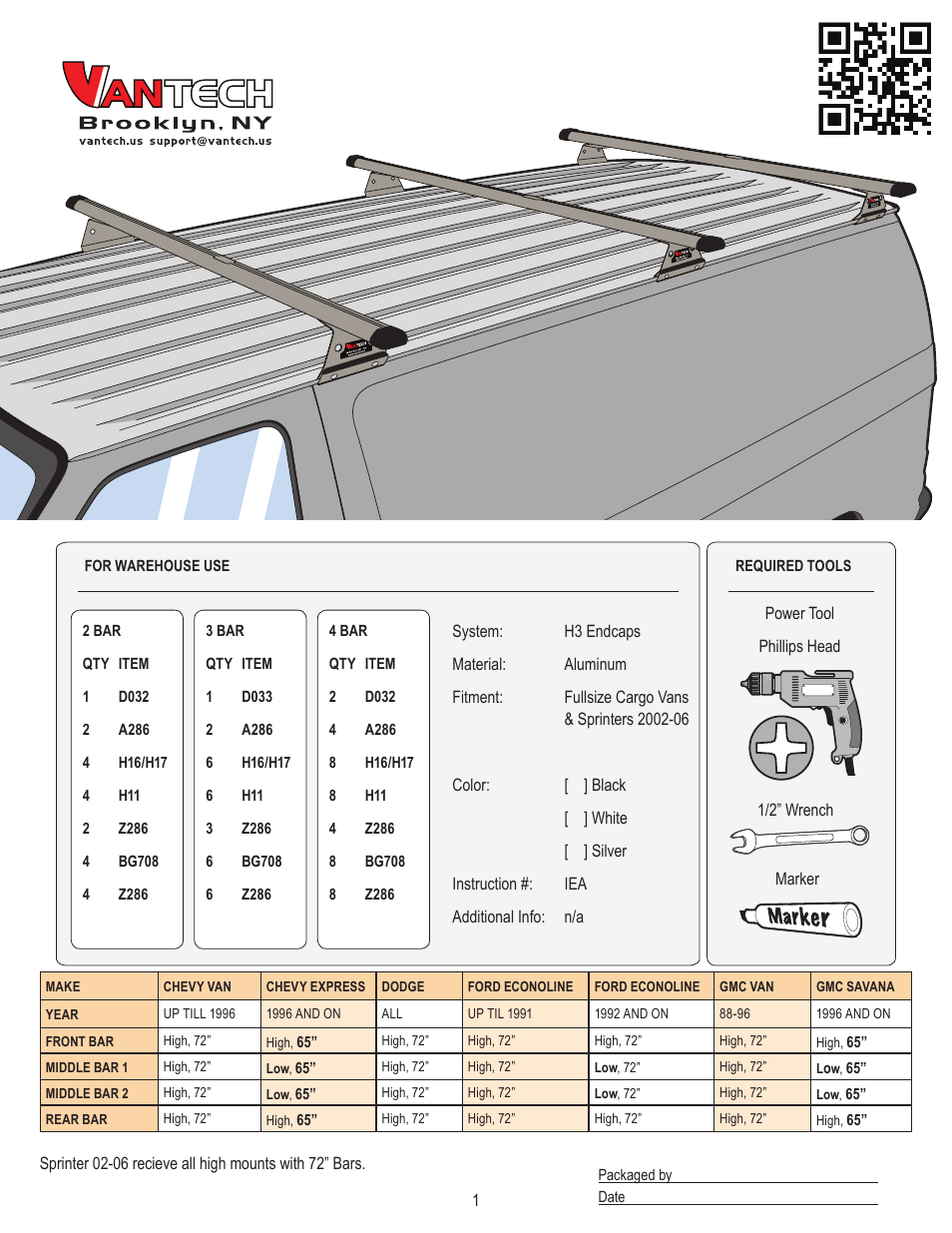 Vantech H3 Rack 3 Bar System for a GMC Savana 1996-On User Manual | 8 pages